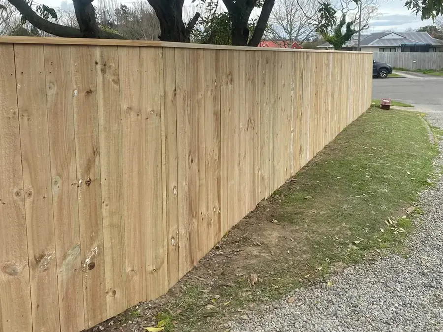 Finished timber paling fence along a driveway with a tidy site