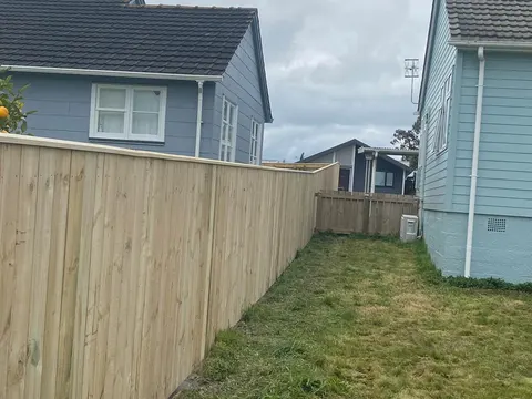Tall timber paling fence along a side lawn, Palmerston North